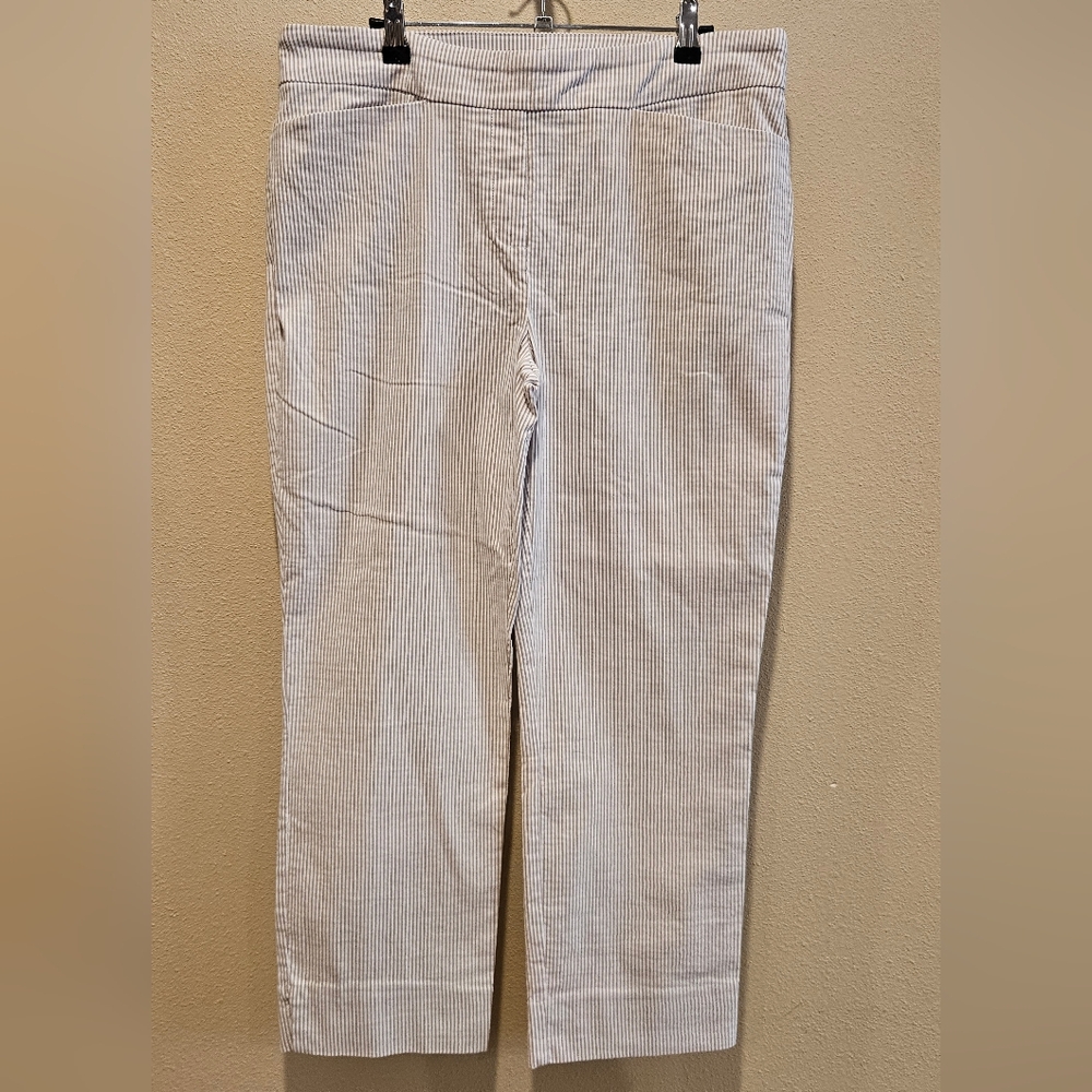 Women's Hilary Radley Seersucker White and Brown Pinstripe Pants, Size Large